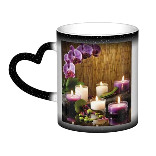 GDSHJKLW Kaffeetasse aus Keramik, 325 ml, Farbwechsel, personalisierbar, Kaffeetasse, Teetasse, Kerzen und Orchideen, coole Kaffeetassen für Männer und Frauen, lustiges Geschenk von GDSHJKLW