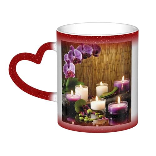 GDSHJKLW Kaffeetasse aus Keramik, 325 ml, Farbwechsel, personalisierbar, Kaffeetasse, Teetasse, Kerzen und Orchideen, coole Kaffeetassen für Männer und Frauen, lustiges Geschenk von GDSHJKLW
