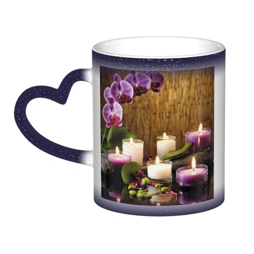 GDSHJKLW Kaffeetasse aus Keramik, 325 ml, Farbwechsel, personalisierbar, Kaffeetasse, Teetasse, Kerzen und Orchideen, coole Kaffeetassen für Männer und Frauen, lustiges Geschenk von GDSHJKLW