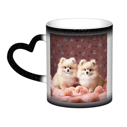 GDSHJKLW Kaffeetasse aus Keramik, 325 ml, Farbwechsel, personalisierbar, Kaffeetasse, Teetasse, Zwergspitz, Welpen und Punkt, coole Kaffeetassen für Männer und Frauen, lustiges Geschenk von GDSHJKLW