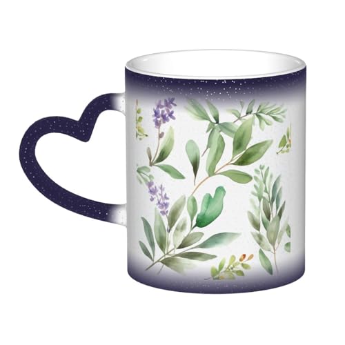 GDSHJKLW Kaffeetasse aus Keramik, 325 ml, Farbwechsel, personalisierbar, Kaffeetasse, Teetasse, grüne Blume, Aquarell, Kräuter, Salbei, Blätter und Zweige, coole Kaffeetassen für Männer und Frauen von GDSHJKLW