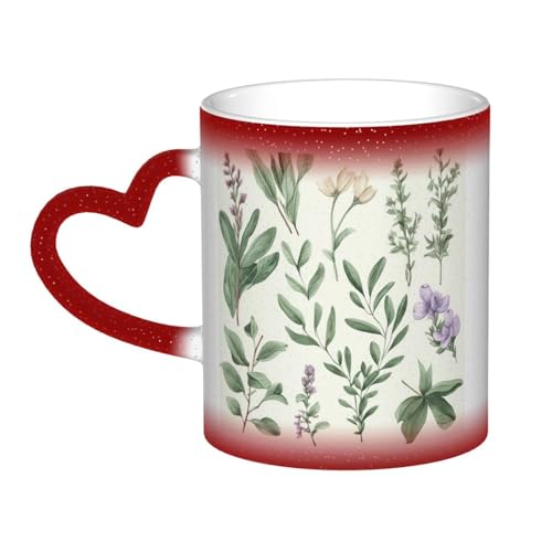 GDSHJKLW Kaffeetasse aus Keramik, 325 ml, Farbwechsel, personalisierbar, Kaffeetasse, Teetasse, grüne Blume, Kräuter, Salbei, Blätter und Zweige, coole Kaffeetassen für Männer und Frauen, lustiges von GDSHJKLW