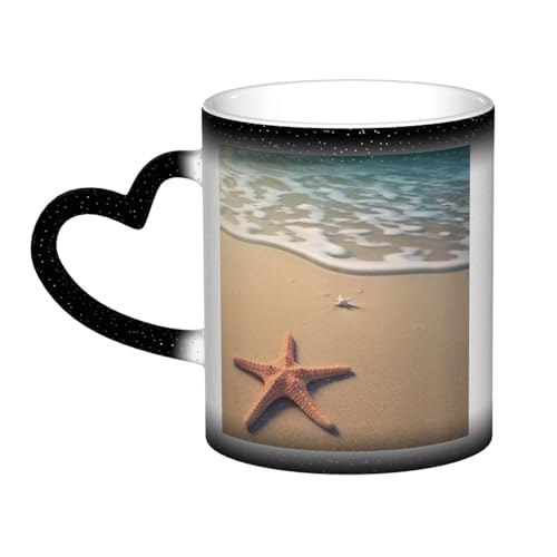 GDSHJKLW Keramik-Kaffeetassen, 325 ml, Farbwechsel, personalisierbar, Kaffeetasse, Teetasse, 3D, schöner Seestern am Strand, Sand, coole Kaffeetassen für Männer und Frauen, lustiges Geschenk von GDSHJKLW
