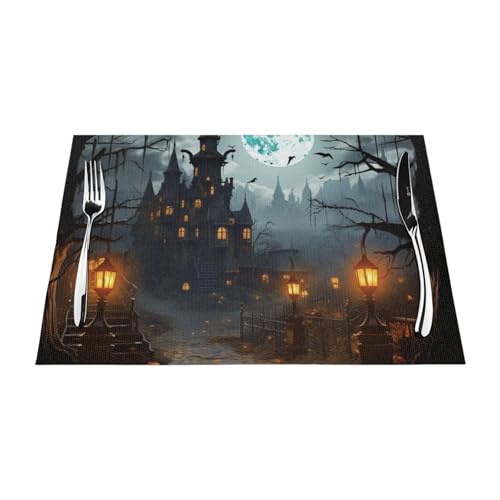 PVC-Platzdeckchen-Set, rutschfest, hitzebeständig, Vinyl, Düsteres Schloss und Hexe, abwischbar, waschbar, Tischmatten für Küche, Esstisch, Dekoration, 4 Stück PVC-Platzdeckchen-Set, rutschfest, hitzebeständig, Vinyl, Düsteres Schloss und Hexe, abwischbar, waschbar, Tischmatten für Küche, Esstisch, Dekoration, 4 Stück von GDSHJKLW