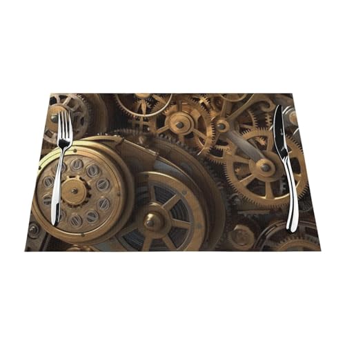PVC-Platzdeckchen-Set, rutschfest, hitzebeständig, Vinyl, kühles Steampunk-Getriebe, abwischbar, waschbar, Tischmatten für Küche, Esstisch, Dekoration, 4 Stück von GDSHJKLW