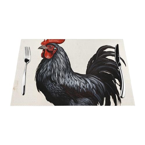 PVC-Platzdeckchen-Set, rutschfest, hitzebeständig, Vinyl, schwarzer Hahn, abwischbar, waschbar, Tischmatten für Küche, Esstisch, Dekoration, 6 Stück PVC-Platzdeckchen-Set, rutschfest, hitzebeständig, Vinyl, schwarzer Hahn, abwischbar, waschbar, Tischmatten für Küche, Esstisch, Dekoration, 6 Stück von GDSHJKLW