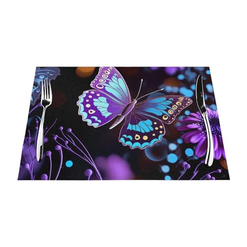 PVC-Platzdeckchen-Set, rutschfest, hitzebeständig, Vinyl, violetter Schmetterling und Blumen, abwischbar, waschbar, Tischmatten für Küche, Esstisch, Dekoration, 6 Stück PVC-Platzdeckchen-Set, rutschfest, hitzebeständig, Vinyl, violetter Schmetterling und Blumen, abwischbar, waschbar, Tischmatten für Küche, Esstisch, Dekoration, 6 Stück von GDSHJKLW