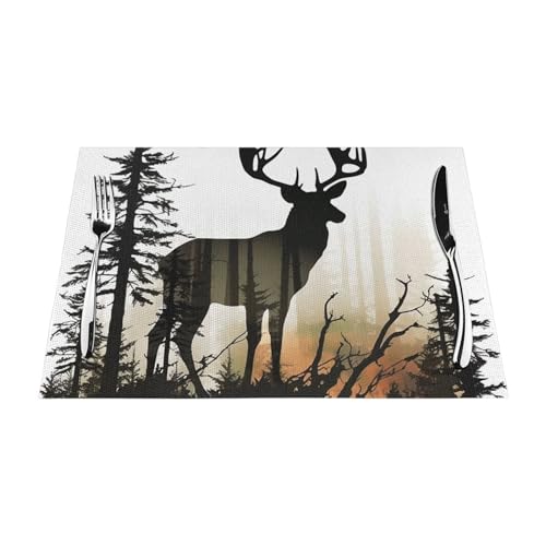 PVC-Platzdeckchen-Set, rutschfest, hitzebeständig, Vinyl-Tischsets, Hirsch-Silhouette, abwischbar, waschbar, Tischmatten für Küche, Esstisch, Dekoration, 6 Stück von GDSHJKLW