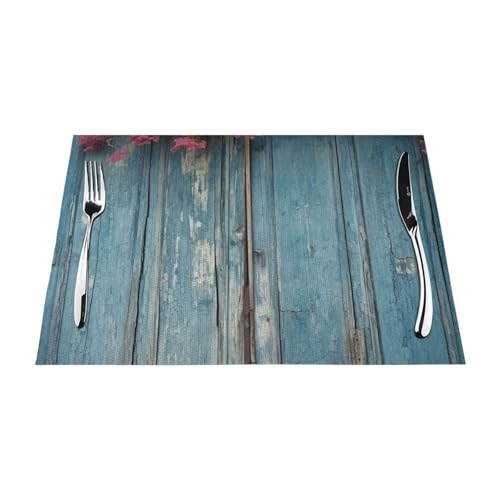 PVC-Platzdeckchen-Set, rutschfest, hitzebeständig, Vinyl-Tischsets, Vintage, Blau, Holz, abwischbar, waschbar, Tischmatten für Küche, Esstisch, Dekoration, 6 Stück von GDSHJKLW