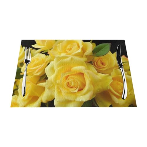 PVC-Platzdeckchen-Set, rutschfest, hitzebeständig, Vinyl-Tischsets, gelbe Rose, abwischbar, waschbar, Tischmatten für Küche, Esstisch, Dekoration, 4 Stück von GDSHJKLW