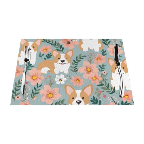 PVC-Platzsets, rutschfest, hitzebeständig, Vinyl, Corgi, Blumen, Frühling, Garten, abwischbar, waschbar, Tischmatten für Küche, Esstisch, Dekoration, 1 Stück von GDSHJKLW
