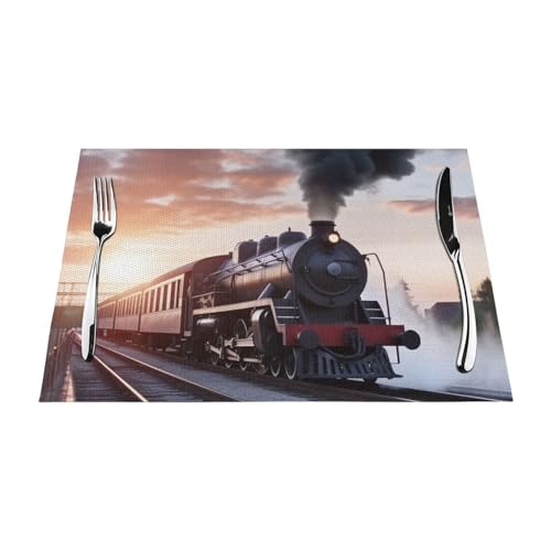 PVC-Platzsets, rutschfest, hitzebeständig, Vinyl, Dampfzug, Abfahrt, Sonnenuntergang, abwischbar, waschbar, Tischmatten für Küche, Esstisch, Dekoration, 6 Stück von GDSHJKLW
