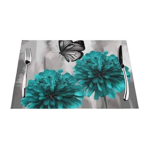 PVC-Platzsets, rutschfest, hitzebeständig, Vinyl, Grau, Blaugrün, Blume, Schmetterling, abwischbar, waschbar, Tischmatten für Küche, Esstisch, Dekoration, 6 Stück von GDSHJKLW