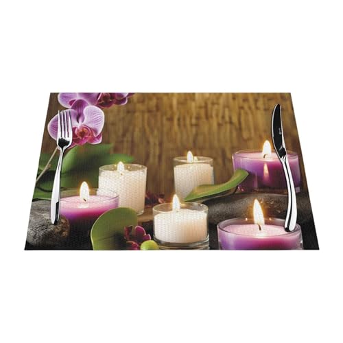 PVC-Platzsets, rutschfest, hitzebeständig, Vinyl, Kerzen und Orchideen, abwischbar, waschbar, Tischmatten für Küche, Esstisch, Dekoration, 4 Stück PVC-Platzsets, rutschfest, hitzebeständig, Vinyl, Kerzen und Orchideen, abwischbar, waschbar, Tischmatten für Küche, Esstisch, Dekoration, 4 Stück von GDSHJKLW