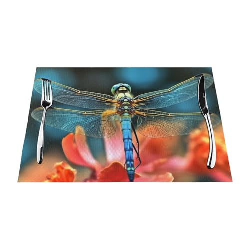 PVC-Platzsets, rutschfest, hitzebeständig, Vinyl, Libelle auf der Blume, abwischbar, waschbar, Tischmatten für Küche, Esstisch, Dekoration, 1 Stück von GDSHJKLW