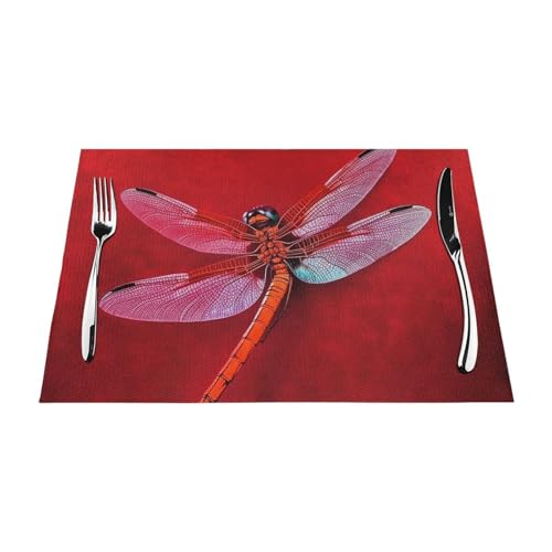 PVC-Platzsets, rutschfest, hitzebeständig, Vinyl, Libelle auf rotem Hintergrund, abwischbar, waschbar, Tischmatten für Küche, Esstisch, Dekoration, 4 Stück von GDSHJKLW