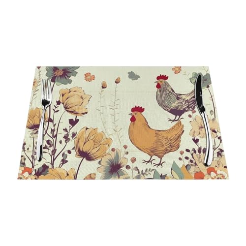 PVC-Platzsets, rutschfest, hitzebeständig, Vinyl, Motiv: Henne fliegende Schmetterlinge unter Blumen, abwischbar, waschbar, Tischmatten für Küche, Esstisch, Dekoration, 6 Stück von GDSHJKLW