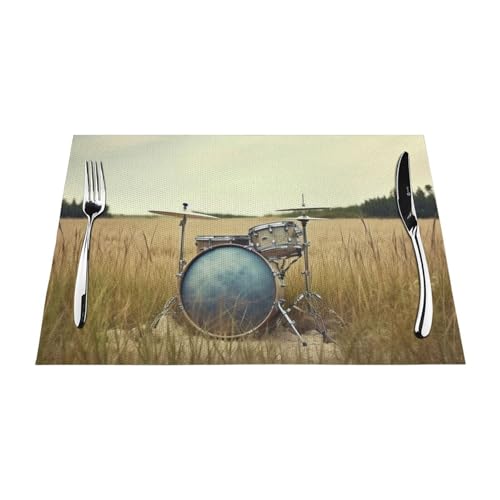 PVC-Platzsets, rutschfest, hitzebeständig, Vinyl, Motiv: Musiktrommel im Feld, abwischbar, waschbar, Tischmatten für Küche, Esstisch, Dekoration, 1 Stück von GDSHJKLW