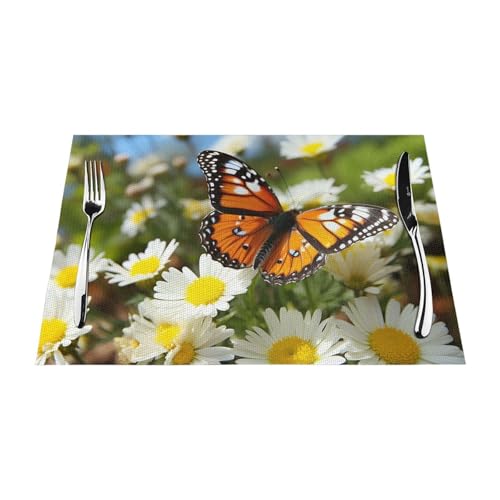 PVC-Platzsets, rutschfest, hitzebeständig, Vinyl, Motiv: Schmetterling auf Gänseblümchen, abwischbar, waschbar, Tischmatten für Küche, Esstisch, Dekoration, 6 Stück von GDSHJKLW