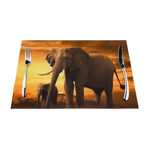 PVC-Platzsets, rutschfest, hitzebeständig, Vinyl, Sonnenuntergang, Eltern-Kind-Elefant, abwischbar, waschbar, Tischmatten für Küche, Esstisch, Dekoration, 4 Stück PVC-Platzsets, rutschfest, hitzebeständig, Vinyl, Sonnenuntergang, Eltern-Kind-Elefant, abwischbar, waschbar, Tischmatten für Küche, Esstisch, Dekoration, 4 Stück von GDSHJKLW