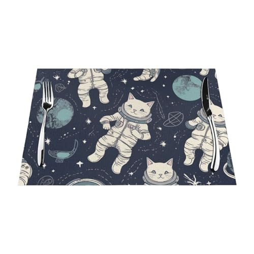 PVC-Platzsets, rutschfest, hitzebeständig, Vinyl, lustige Katze, Astronaut, abwischbar, waschbar, Tischmatten für Küche, Esstisch, Dekoration, 6 Stück von GDSHJKLW
