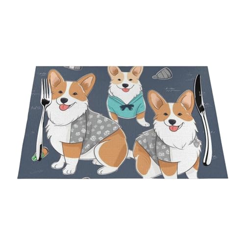 PVC-Platzsets, rutschfest, hitzebeständig, Vinyl, mit Kleidung, Corgi-Hunde, abwischbar, waschbar, Tischmatten für Küche, Esstisch, Dekoration, 4 Stück von GDSHJKLW