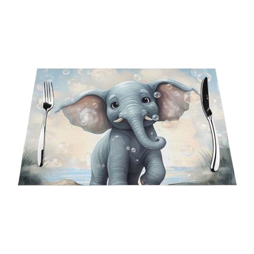 PVC-Platzsets, rutschfest, hitzebeständig, Vinyl, niedlicher Elefant, Spielblasen, abwischbar, waschbar, Tischmatten für Küche, Esstisch, Dekoration, 6 Stück von GDSHJKLW