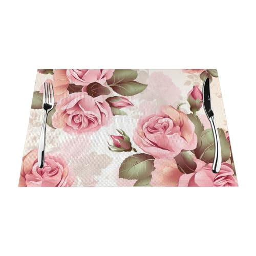PVC-Platzsets, rutschfest, hitzebeständig, Vinyl, rosa Rose, Blumenmuster, abwischbar, waschbar, Tischmatten für Küche, Esstisch, Dekoration, 1 Stück von GDSHJKLW