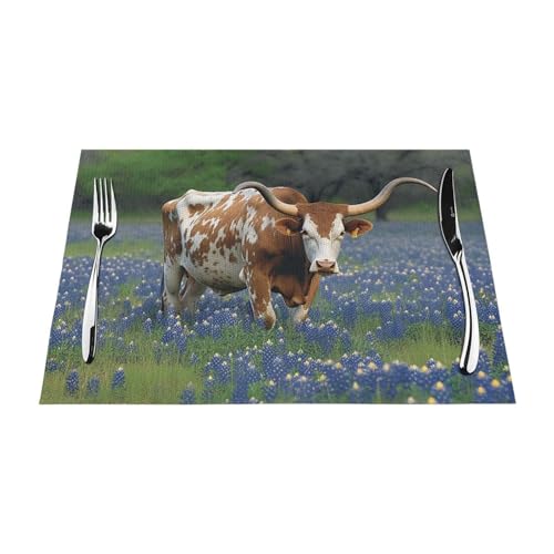 PVC-Platzsets, rutschfest, hitzebeständig, Vinyl-Tischsets, Bluebonnet Longhorn, abwischbar, waschbar, Tischmatten für Küche, Esstisch, Dekoration, 1 Stück PVC-Platzsets, rutschfest, hitzebeständig, Vinyl-Tischsets, Bluebonnet Longhorn, abwischbar, waschbar, Tischmatten für Küche, Esstisch, Dekoration, 1 Stück von GDSHJKLW