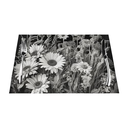 PVC-Platzsets, rutschfest, hitzebeständig, Vinyl-Tischsets, schwarz-weiße Blumen, abwischbar, waschbar, Tischmatten für Küche, Esstisch, Dekoration, 1 Stück von GDSHJKLW