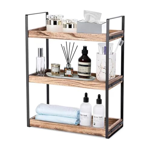 3 Ebenen Standregale, Holz & Metallstütze Küchen Gewürzregal Duschablage Aufbewahrung Badezimmer Arbeitsplatte Unterschrankregal Organizer, Küchenregal Badregal Kosmetik Lagerung (Helle Holzfarbe) von GDWD