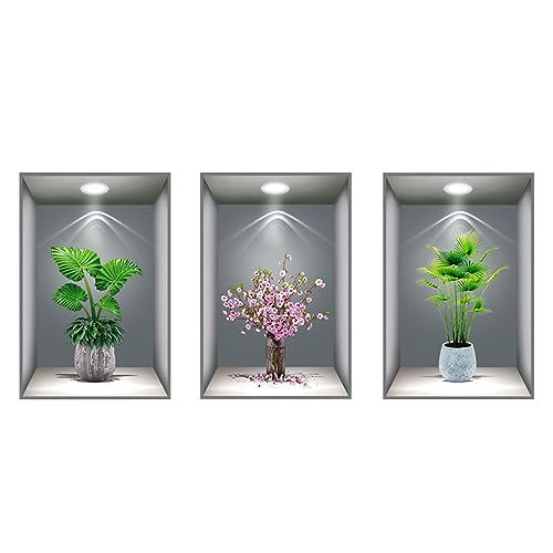 3D Wandaufkleber Vase, 3 Stück Vasen Wandtattoo, Grüne Pflanzen Selbstklebend Wandsticker Wandbilder, Wandabziehbilder Wanddeko für Wohnzimmer, Schlafzimmer, Bad, Küche, Büro (30x45cm C) von GDWD