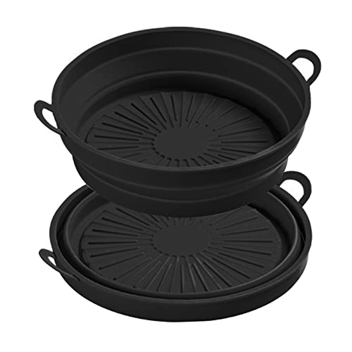 Air Fryer Silikontopf, 2er Pack Silikonkorb Faltbare, Runder Heißluftfritteuse Korb Zubehör Ersatz, Wiederverwendbar Antihaft Airfryer Silikon Backpapier für Backofen, Mikrowelle (Schwarz 21cm) von GDWD
