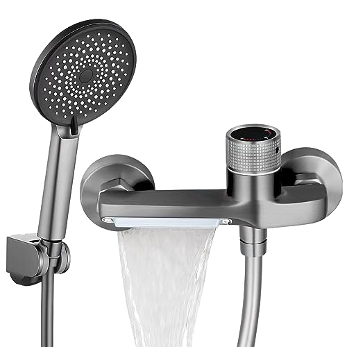 Badewannenarmatur mit Handbrause, Wasserfall Badewanne Wasserhahn, Mischbatterie Einhand-Wannenbatterie mit Duschschlauch Brause Duschsystem Set, Wandmontage Badewannenhahn für Bad Badezimmer (Grau) von GDWD