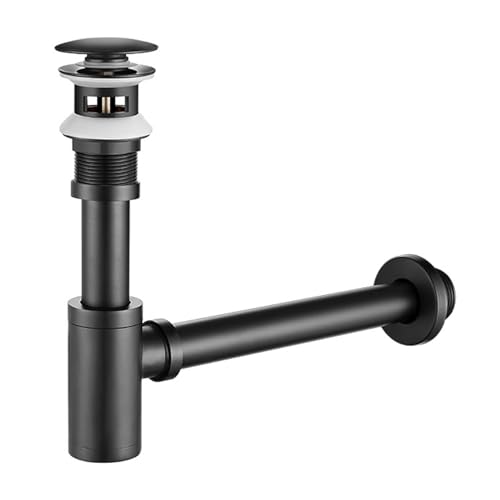 Design Siphon Waschbecken mit Ablaufgarnitur mit Überlauf, Universal Röhrensiphon Abflussrohr und Ablaufventil Pop Up, Messing Syphon Sifon Pop Up Abflussgarnitur Abfluss Waschtisch Bad Schwarz (C) von GDWD
