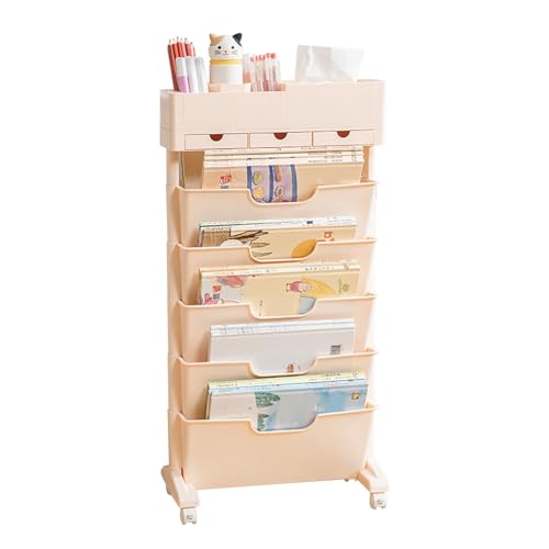 GDWD Bewegliches Bücherregal, Mobiles Bücherregalwagen mit 6 Ebenen und Rädern, Praktisches Rollendes Organisationsregal, Rollwagen Aufbewahrungs Organizer für Kinder, Studenten, Büro (Rosa) von GDWD