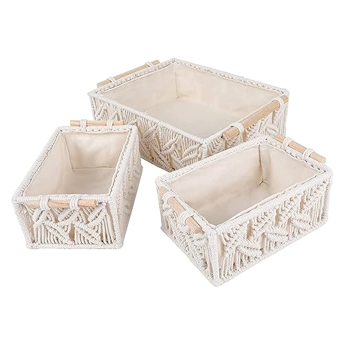 Makramee Aufbewahrungskörbe, 3er Set Boho Dekor Box, Handgemachte Gewebte Körbe mit Griff, Dekorative Arbeitsplatte Toilettentank Regal Schrank Organizer für Schlafzimmer Kinderzimmer Wohnzimmer von GDWD