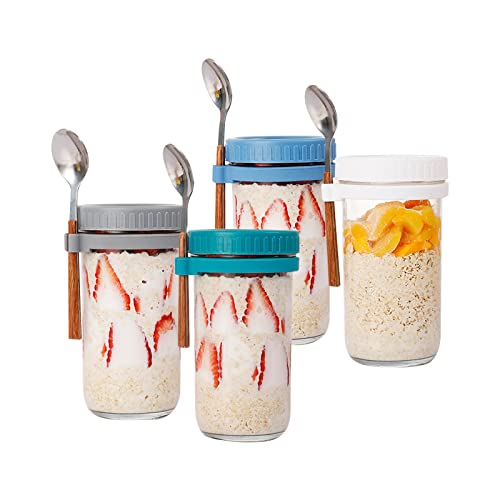 Overnight Oats Gläser mit Deckel und Löffel, 4 Stück Overnight Haferbehälter Hafergläser, Auslaufsicherer Joghurtbecher, Essensbehälter für Müsli, Milch Unterwegs, Wiederverwendbare Becher (600ml) von GDWD