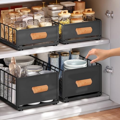 Teleskopschublade, Ausziehbare Schublade Küche, Slide Out Drawer Pull Out Cabinet Organizer, Kein Bohren Kohlenstoffstahl Schrank Organizer Aufbewahrungsregale mit Holz Griff (Schwarz L) von GDWD