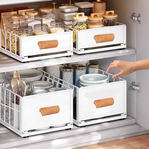 Teleskopschublade, Ausziehbare Schublade Küche, Slide Out Drawer Pull Out Cabinet Organizer, Kein Bohren Kohlenstoffstahl Schrank Organizer Aufbewahrungsregale mit Holz Griff (Weiß L) von GDWD