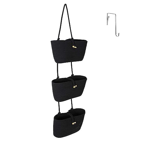 Tür Wand Organizer, 3 Stufiger Hängeorganizer, Hängekorb aus Baumwollseil Gewebt, 3 Fächer Wand Hängen Tasche Aufbewahrungstasche für Schlafzimmer Wohnzimmer Kinderzimmer Bad (Schwarz) von GDWD