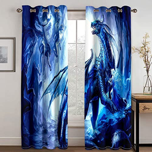 Vorhänge Schlafzimmer Blickdicht Gardinen 3D Hd Druck Persönlichkeit Blauer Drache Muster Verdunkelungsvorhang Ösenschal 2 Stücke 200X160cm(BxH) Wohnzimmer Thermovorhang Fensterdekoration von GDYRBY