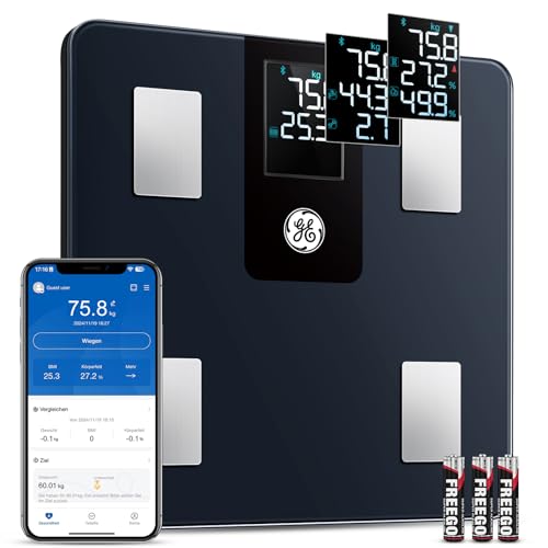 GE Personenwaage Körperfettwaage Digitale Wagge: Smart Körperanalysewaage mit All-In-One LCD Display, Bluetooth Waagen mit Körperfett und Muskelmasse, Bathroom Körperfettanalyse 180kg / 396lbs von GE