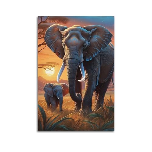 GEAD Poster mit Tiermotiven, Motiv: Mutter Elefant mit Elefantenbaby, dekoratives Gemälde, Leinwand-Kunstbild, 30 x 45 cm von GEAD