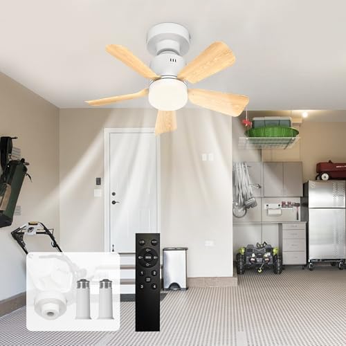 GEADI Schraubbare Deckenventilatorlampe,Dimmbare LED Deckenleuchte mit Ventilator Schlafzimmer,E27 Sockel mit Fernbedienung,4 Geschwindigkeiten und 3 Farbtemperaturen einstellbar, 45 cm Holzmaserung von GEADI