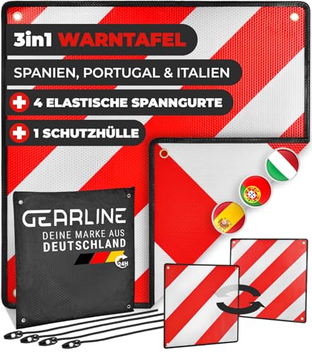 GEARLINE® 3-in-1 Warntafel für Italien, Spanien & Portugal [inkl. 4X Spanngurte & Schutzhülle] - reflektierendes Warnschild für Heckträger - rot-weißes Alu-Schild für Fahrradträger [50x50 cm] von GEARLINE