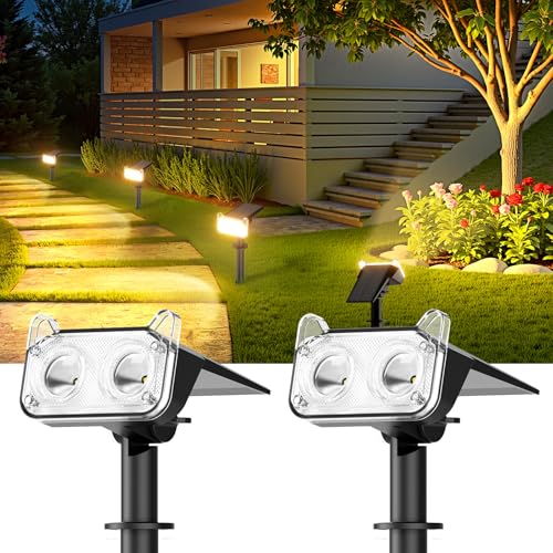 GEARLITE 2 Stück Solarlampen für Außen Garten, 2 Modi Superhelle 800 Lum Solar Strahler Max 30 Stunden Arbeitszeit 3500K Warmweiß Gartenleuchten IP65 Gartenstrahler für Außen Bäume Hof Garten Weg Deko von GEARLITE