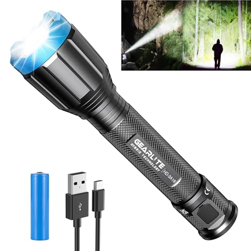 GEARLITE Hybride Taschenlampe LED Aufladbar, Lange Arbeitszeit LED Taschenlampe 100000 Lumen mit Aufladbarer Batterie, IP65 Wasserdichte Handlampe Zoombar mit 4 Modi für Camping Notfall Outdoor von GEARLITE