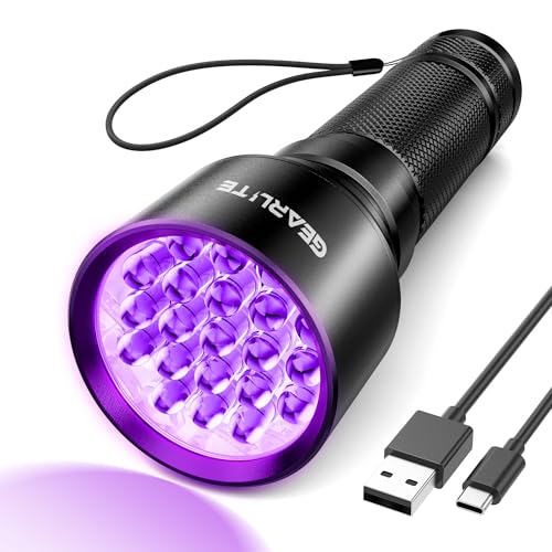 GEARLITE LED Schwarzlicht Taschenlampe mit 21 LEDs, Mini UV Lampe mit 395 nm, Ultraviolettes Licht für Geocaching, Heimtierurindetektor, Eingetrocknete Flecken von Hunde und Andere Haustiere von GEARLITE