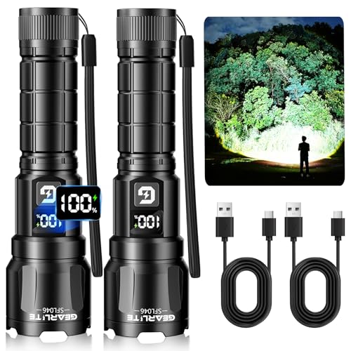 GEARLITE LED Taschenlampe Aufladbar, 6000 Lumen Extrem Helle Zoombares Taktische Taschenlampen mit 3 Lichtmodi & Langer Betriebsdauer, IP65 Wasserdichte Handlampe für Camping, Angeln, Notfäll, Wandern von GEARLITE